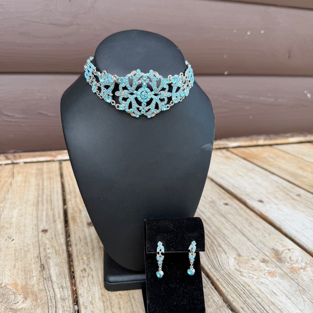 VLCM Choker Necklace and Earring Set Women Silver Blue Turquoise Filigree